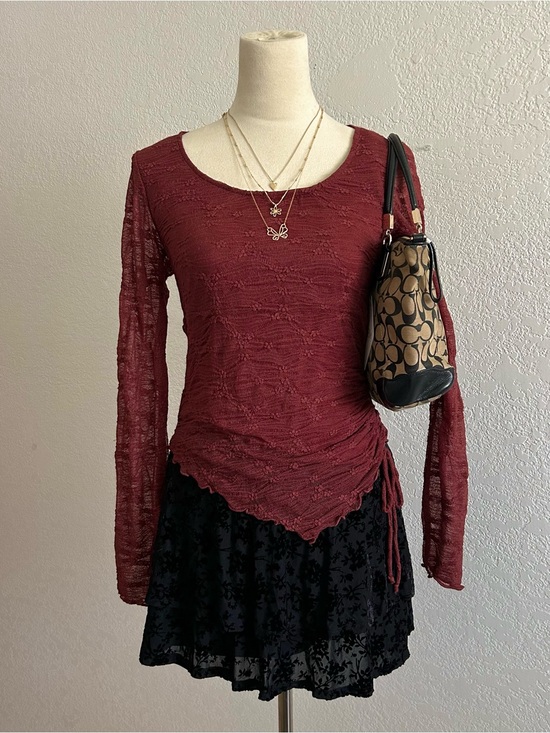 La Peche Tops - La Peche Whimsigoth Y2K Style Burgundy Asymmetrical Lace Long Sleeve Blouse Top